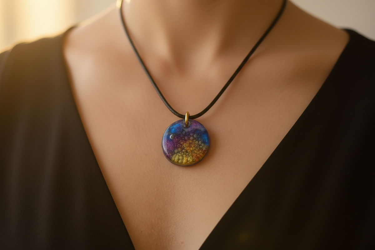 Collier artisanal en résine multicolore effet bulles arc-en-ciel, fait main Québec