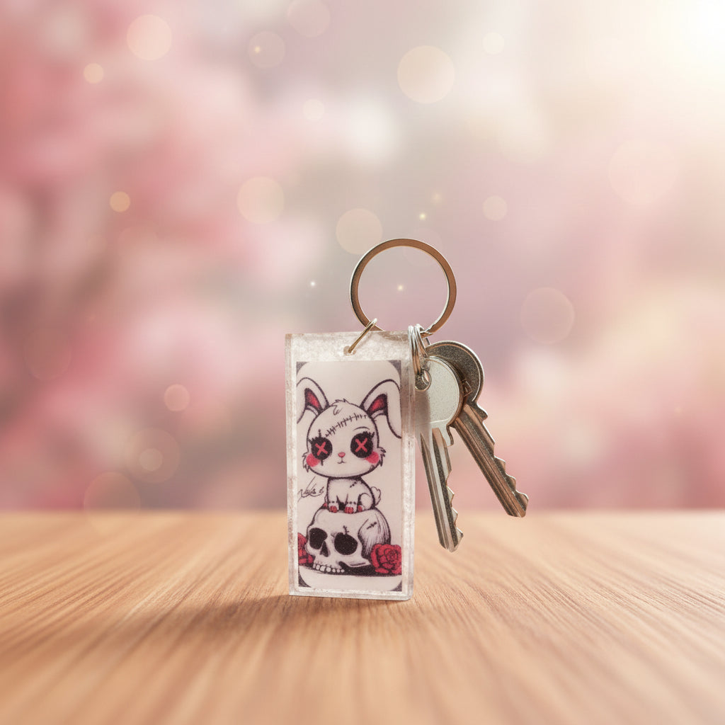 Porte-clef résine lapin gothique tête de mort et rose rouge – fait main Québec
