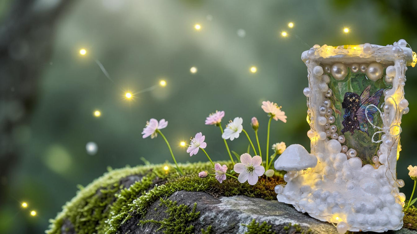 Veilleuse artisanale en plâtre et résine – Fée, champignon et papillon lumineux