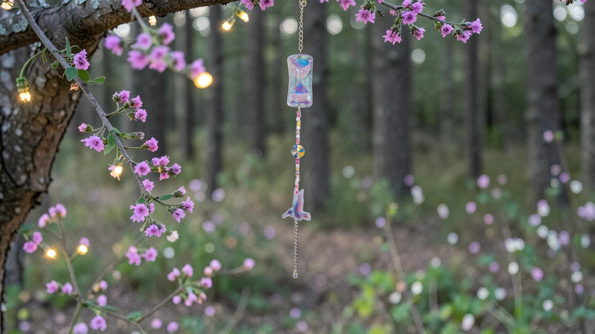 Attrape-soleil artisanal en résine – Sablier, colibri et cristal arc-en-ciel