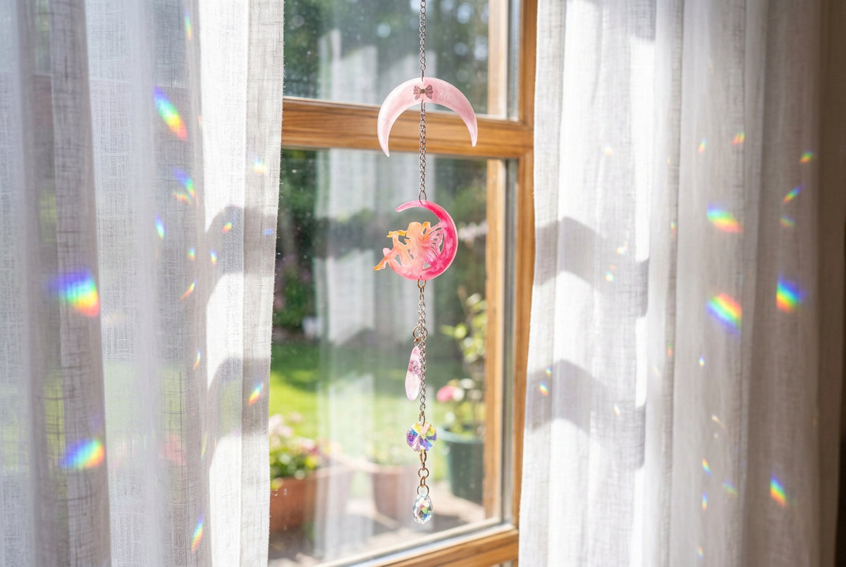 Attrape-soleil artisanal en résine – Lune rose et fée phosphorescente