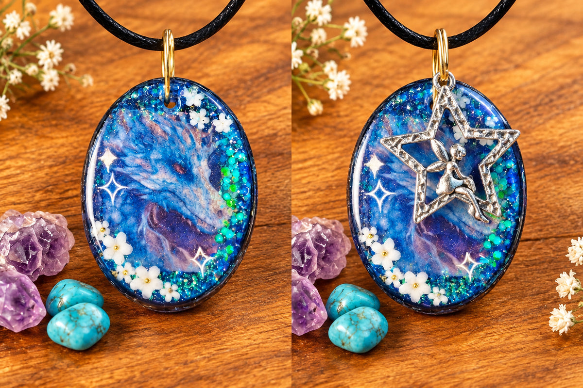 Pendentif Ovale Dragon & Fée Étoile en Résine – Fait Main