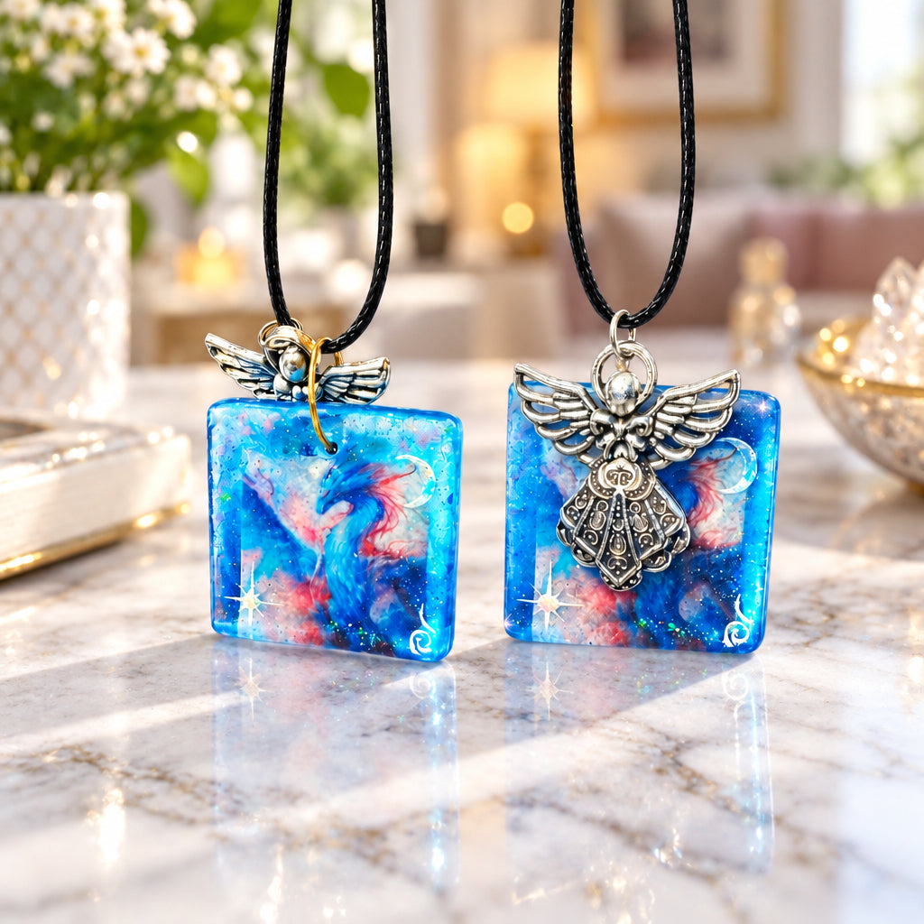 Pendentif Carré Dragon Bleu & Ange gardien en Résine – Fait Main