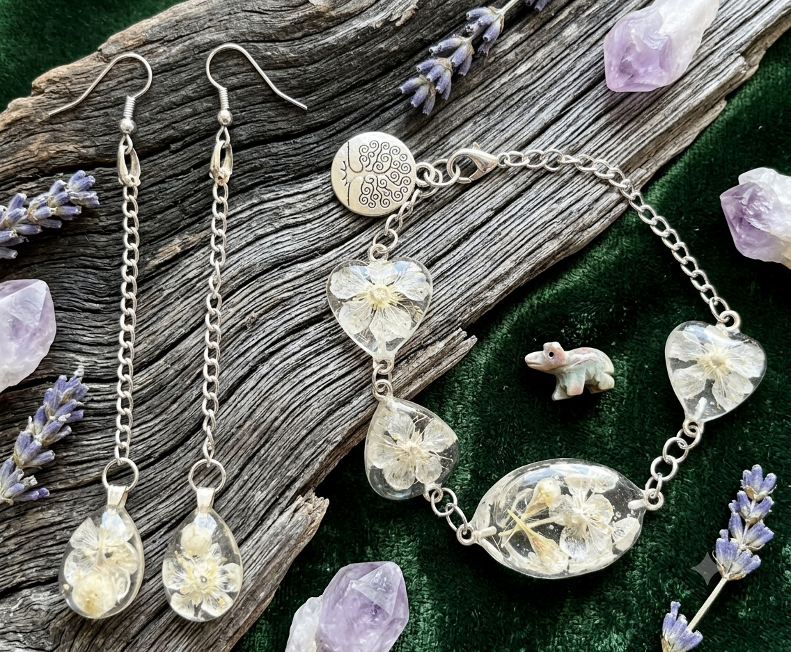 Duo Boucles d'oreilles + Bracelet – Fleurs blanches en résine