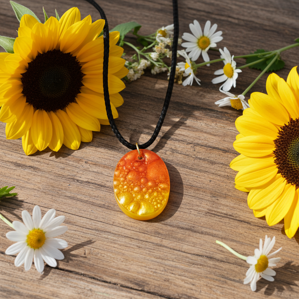 Détail collier résine ovale coucher de soleil effet bulles – bijou unique