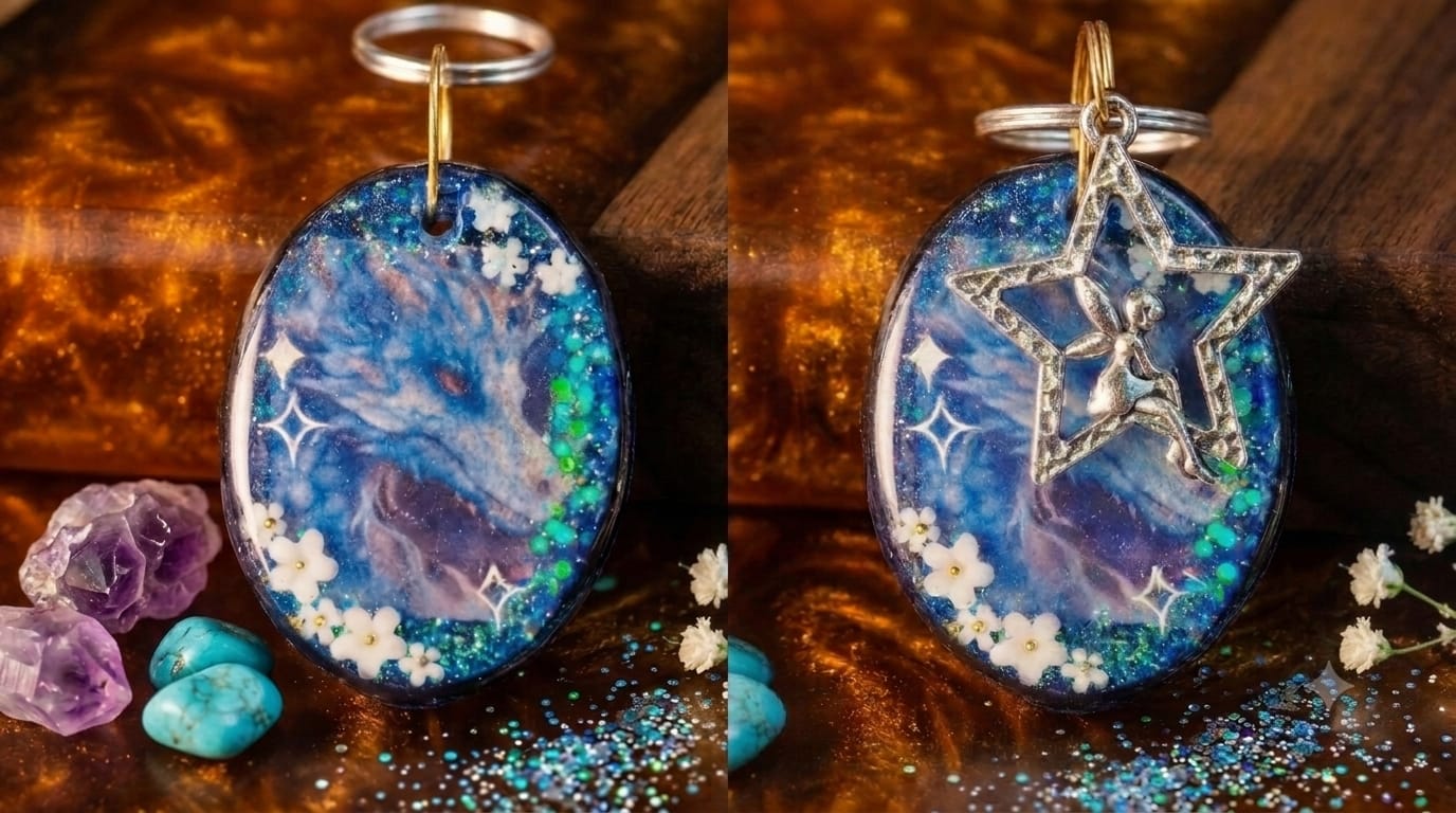 Pendentif Ovale Dragon & Fée Étoile en Résine – Fait Main