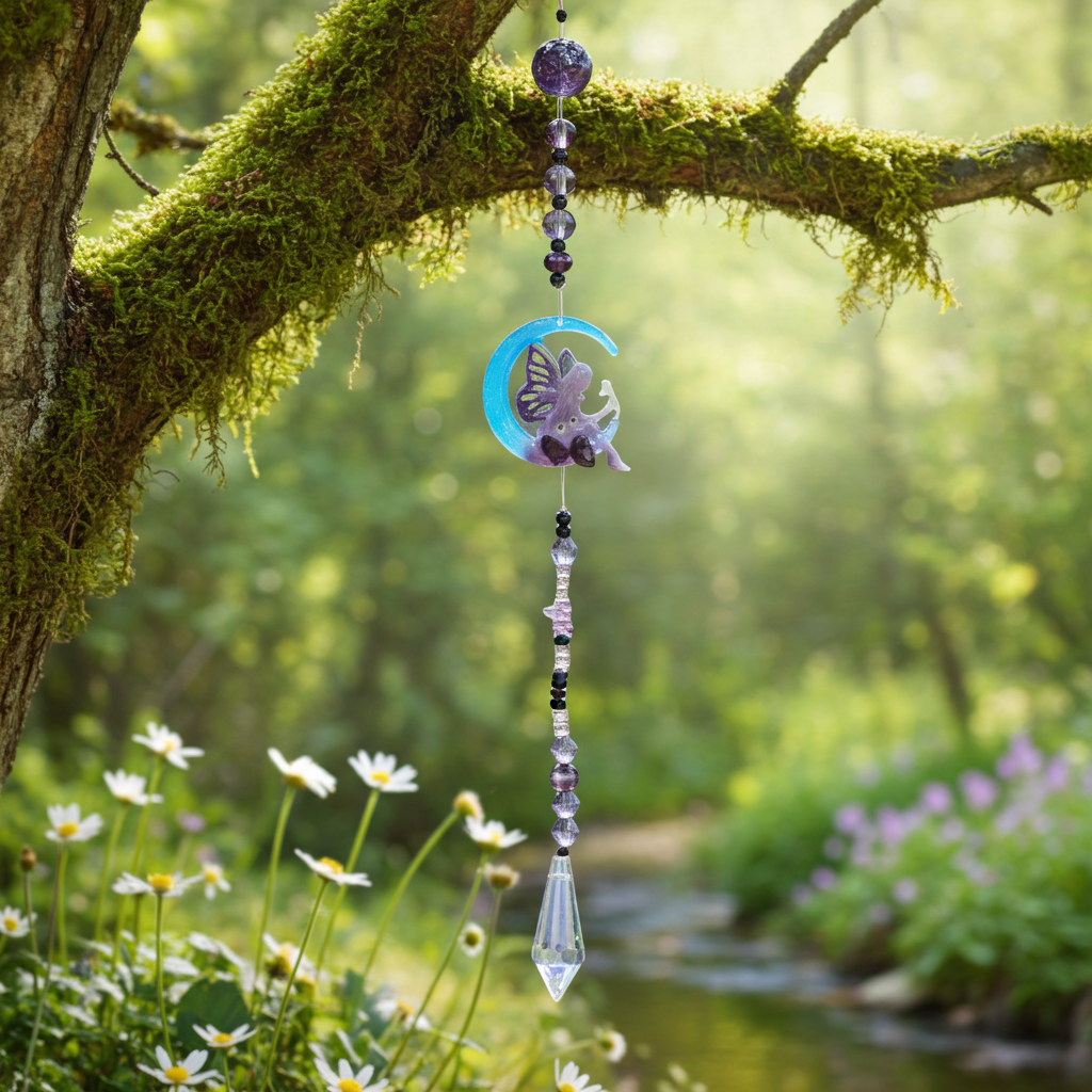 Attrape-rêve artisanal en résine – Fée mauve, lune bleue et cristal