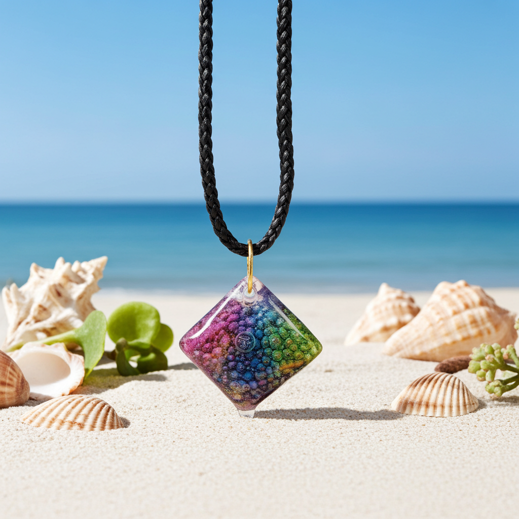 Collier artisanal en résine carrée mauve bleu vert effet bulles – fait main Québec