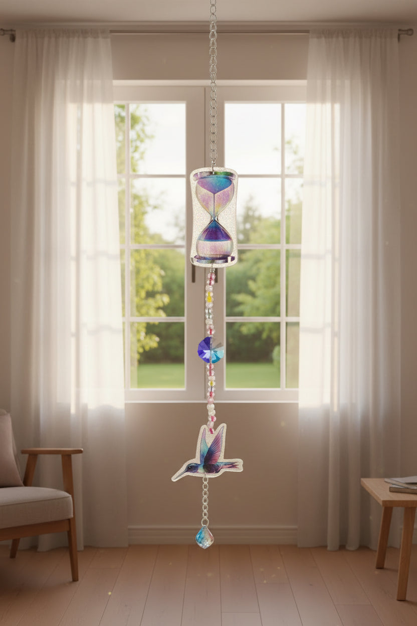 Attrape-soleil artisanal en résine – Sablier, colibri et cristal arc-en-ciel